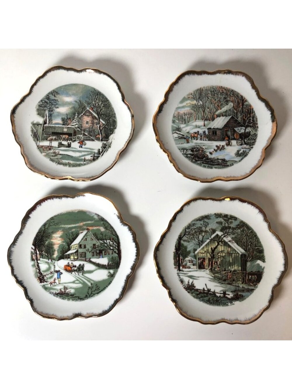 Set Of 4 Currier & Ives Winter Homestead Scalloped Plates Gold Trim Vintage Col
